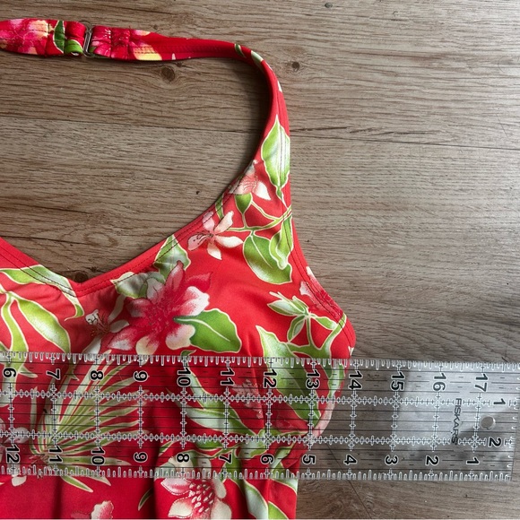 Beach bay Salmon pink & green tankini floral set gold detail & side ties size 8 - Picture 15 of 16